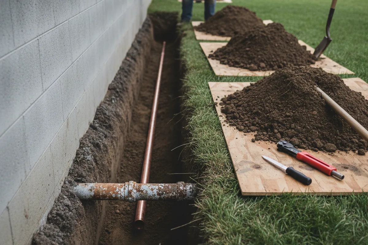 Excavated water line trench during Sewer Line Repair in Camp Meeker